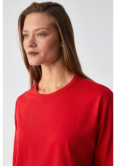GRIMELANGE Basıl Kadını Oversize %100 Organik Pamuk Örme Uzun Kol Kırmızı T-shirt Kırmızı