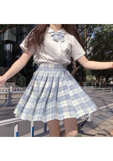 3 Adet Kadın Anime Okul Üniforması Seti Yaz Jk Kısa Gömlek Ceket Etekler Takım Elbise Açık Mavi