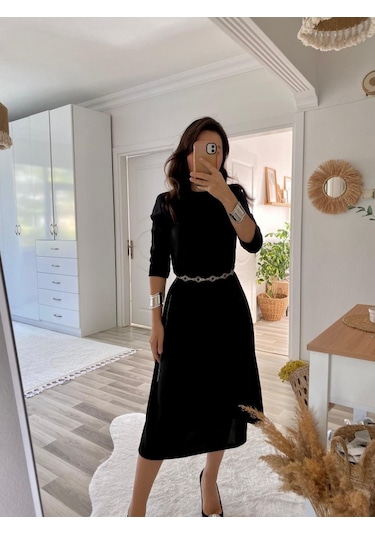 Simala Kadın Uzun Kollu Bisiklet Yaka Midi Ithal Krep Elbise Siyah