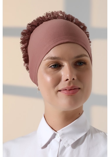 Kadın Fırfırlı Güpürlü Tesettür Topuz Bone - Gül Kurusu Gülkurusu