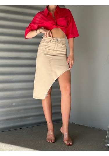 Shevega Kadın Beyaz Etek Püskül Asimetrik Kesim Keten Etek Bej