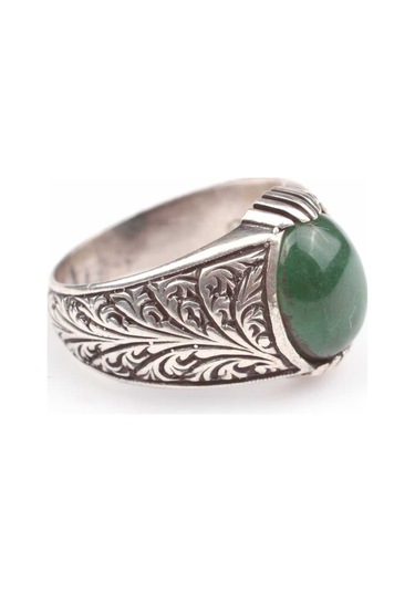 925 Ayar Gümüş Yeşil Akik Taşlı Işlemeli Erkek Yüzük