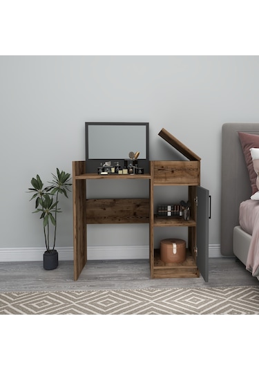 Arnetti Sedef Aynalı Makyaj Masası Ceviz Antrasit