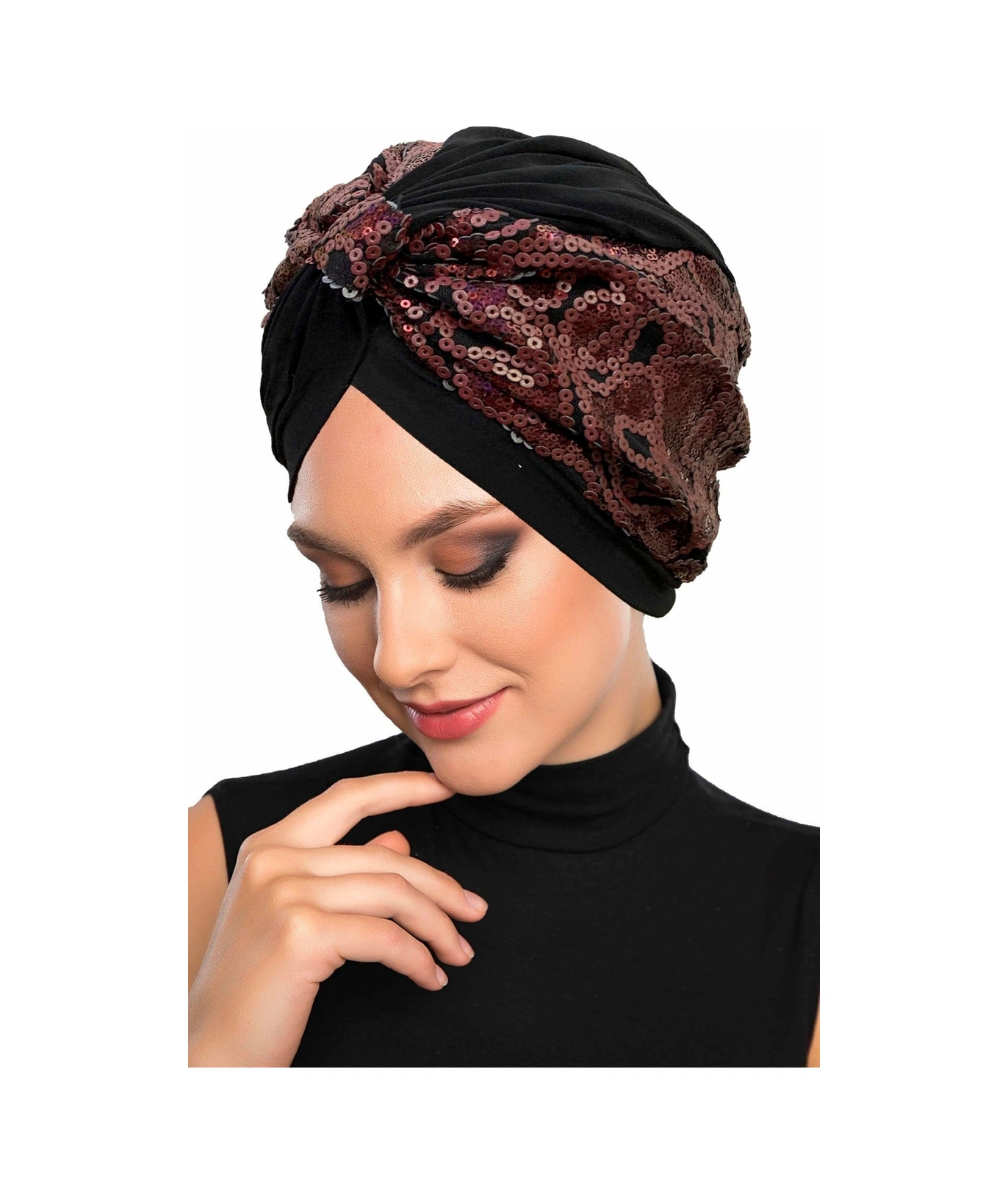 Özel Tasarım Siyah Üzeri Bordo Desenli Payetli Astarlı Hazır Türban Tesettür Abiye Bone Siyah27