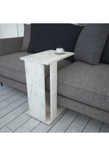 Pasific Home Single Çok Amaçlı Tekerlekli C Sehpa ,Koltuk Sehpası - Beyaz Mermer
