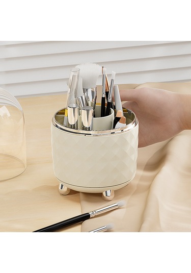 Symbee Plastik Döner Makyaj Fırçası Kutusu - 6 Bölmeli, Kapaklı, Toz Koruyucu, Masaüstü Organizer Şeffaf Gümüş Şeffaf