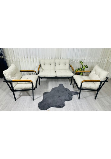 Madame Home Kalanşo Balkon, Bahçe,teras,cafe - Salon - Metal Kanepe Koltuk Takımı Çay Seti 2+1+1 Krem