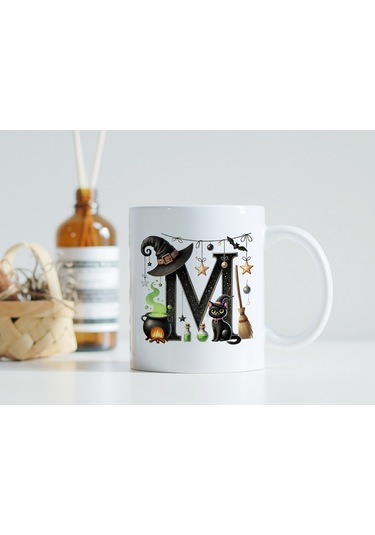 M Harfli Halloween Kedili Figür Kupa Bardak - Şapkalı Ve Kazanlı İsme Özel Kupa - Hediye 07 Beyaz