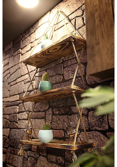 Brothers Craft Halatlı Ahşap Duvar Rafı 3 Katlı Rustik Dekoratif Raf, El Yapımı Jüt İpli Çam Raf Açık Ahşap Rengi