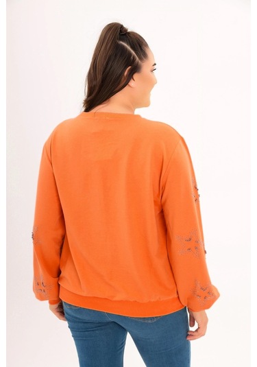 Kolları Yıldız Taş Baskılı Sweatshirt Turuncu