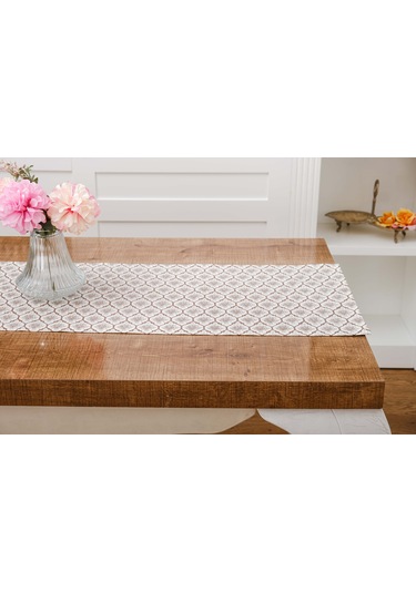 Finezza Melisa Damask Baskılı Duck Kumaş Kreme Kahve Runner 40x140 cm  - 1419