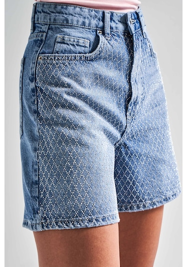 Itsbasic Kadın Mavi Renk Diana T-2s5-4 Parlak Taşlı Mom Fit Midi Boy Tasarım %100 Koton Denim Şort