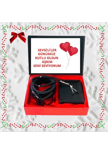 Carlino Sevgililer Günü Erkek Hediye Set Siyah Cüzdan- Kemer -tesbih Siyah