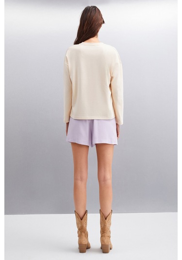 Basıl Kadın Oversize %100 Organik Pamuk Örme Uzun Kol Bej T-shirt