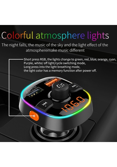 Bc52 Qc3.0 Hızlı Şarj Araba Renkli Atmosfer Işık Bluetooth Mp3 Çalar Fm Verici