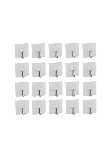 20 Adet Kendinden Yapışkanlı Şeffaf Askı Metal Kancalı Askılık Beyaz