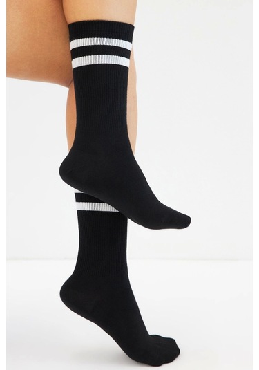 Bambu Tenis Çizgili Premium Kolej Çorabı Unisex Siyah Dikişsiz Soket Çorap 3'lü Paket Çok Renkli