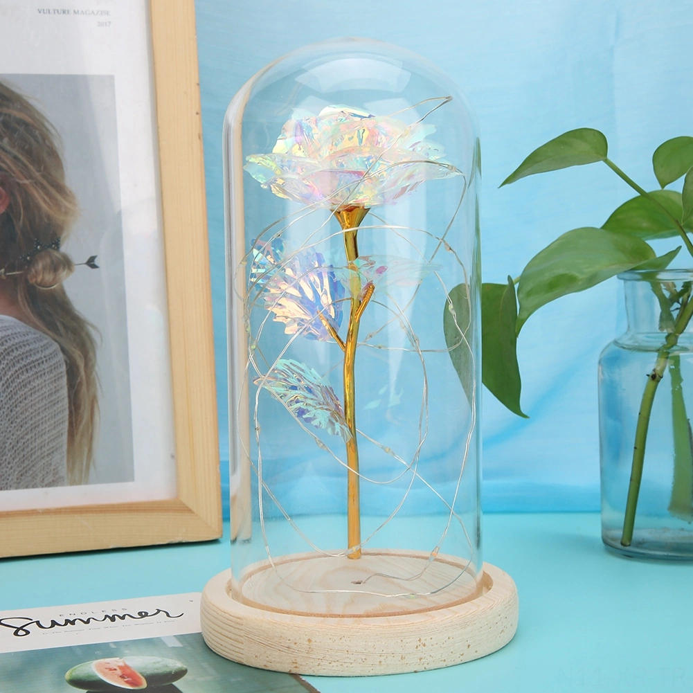 Xiyyadms Renkli Altın Folyo Güllü Cam Kapaklı Led Gece Lambası - Plastik Çiçek Ve Ahşap Tabanlı Dekoratif Masaüstü Aydınlatma Pil Dahil Değil Renkli