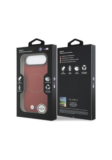 İphone 17 Air Uyumlu Kılıf Bmw Lisanslı M-safeli Metal Logolu Delikli M Dizayn Deri Kapak Kırmızı Kirmizi