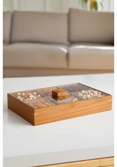 Porsima 76748 Akasya 6 Bölmeli Kapaklı Ahşap Bambu Çerezlik Sunumluk Saklama Kabı Ahşap