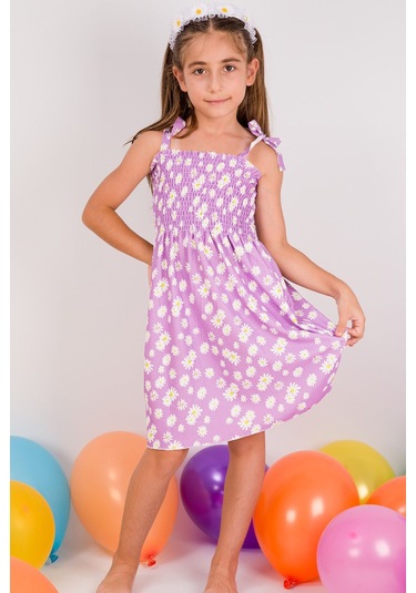 Kız Çocuk Askılı Elbise Çiçek Desenli B35 Hcm00119 Fuşya