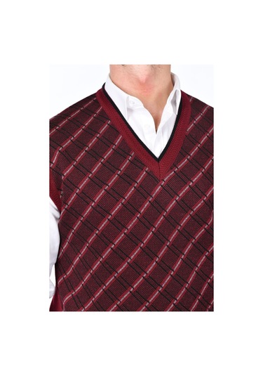 Kamalı Bordo Erkek Çelik Örgü Ekose Desenli Kalın Triko V Yaka Triko Örgü Tüylenmez Süveter Regular Bordo