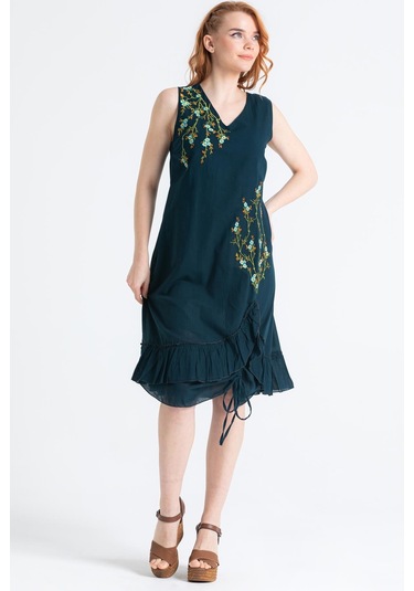 Kolsuz Vual Candan Yırtmaçlı Midi Boy Elbise Petrol Ptrl-petrol