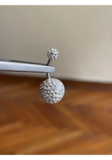 316 L Cerrahi Çelik Disko Topu Detaylı Göbek Piercingi Zirkon Taşlı Disko Topu Gümüş