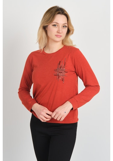 Sistas Kadın Taş Ve Boncuk Süslemeli Uzun Kollu Bluz 24589 Kiremit Kiremit