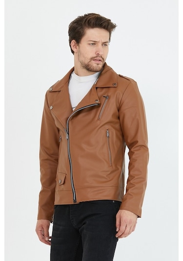 Erkek Taba Yeni Sezon Çapraz Fermuarlı Deri Ceket Mont-Taba