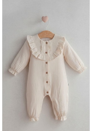 Cantoy Vintage Dantel Detaylı Müslin Bebek Tulumu Ekru