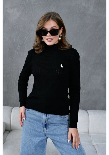 Kadın Dik Yaka Saç Örgü Nakış Detaylı Triko Kazak Siyah