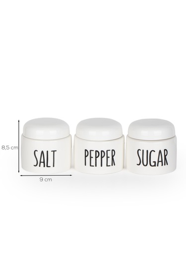 Porsima 18128 3'lü Porselen Ergonomik Baharatlık Seti Yuvarlak Formlu Baharat Takımı Beyaz Beyaz
