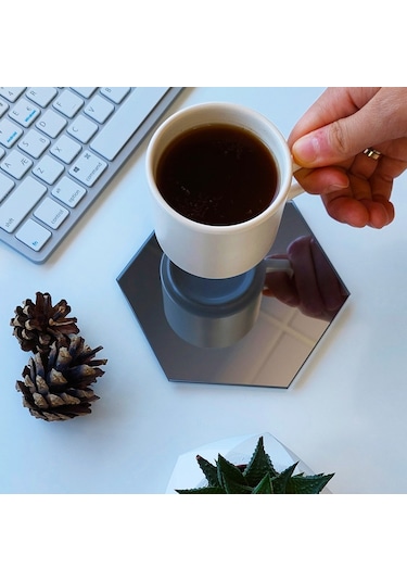 Decorita Ayna Bardak Altlığı - Altıgen Ayna Bardak Altlığı - Füme Ayna 4'lü Takım Füme