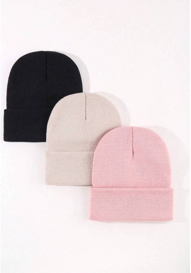 Eke Tekstil Unisex Katlamalı 3'lü Bere Seti Pembe - Siyah - Taş