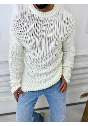 Kazak Oversize Çift Kat Zincir Örgü Naturel Pamuk Bol Kesim Tüylenmez Triko Kazak Beyaz