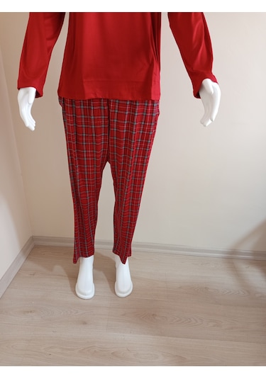 Kırmızı Önü Yazılı Altı Ekose Pijama Takımı Dowry