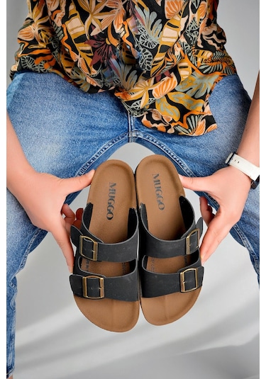 Muggo Rehda Garantili İki Toka Rahat Taban Ayarlanabilir Unisex Terlik Siyah