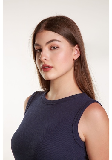 Kadın Lacivert Fitilli Likralı Sıfır Kol Bisiklet Yaka Örme Atlet Tshirt Bluz Lacivert