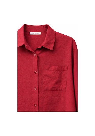 Mixray 4670 Kadın Cepli Oversize Basic Keten Gömlek Bordo