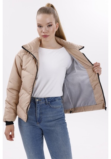 Kadın Dolgulu Puffer Mont - Yüksek Yaka, Suya Dayanıklı Gri