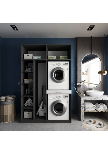 Megan Çamaşır Ve Kurutma Makinesi Dolabı Banyo Dolabı Füme Beyaz Füme Beyaz