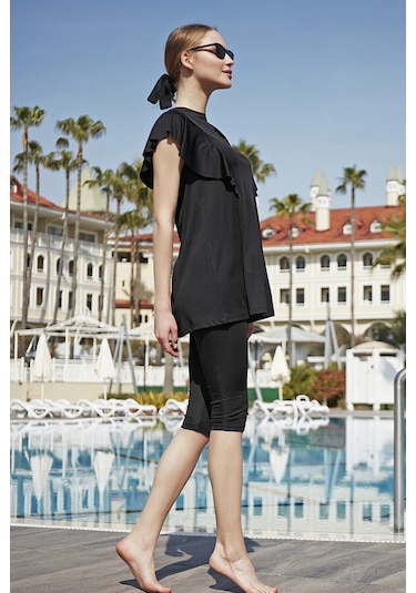 Remsa Fırfır Volan Detaylı Yarı Kapalı Mayo 2150 Hilal Siyah