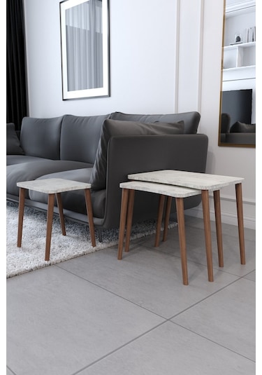 Zigon Sehpa & Yan Sehpa 3'Lü Ahşap Ayaklı Salon Seti- Kristal