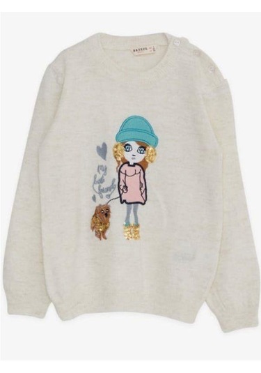 Kız Çocuk Pul Süslemeli Triko Bisiklet Kazak-15193 Krem