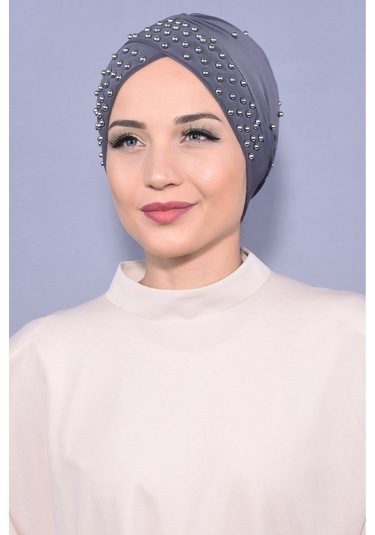 Kadın Tesettür İncili Taşlı Havuz Dış Bone Koyu Gri Koyu Gri