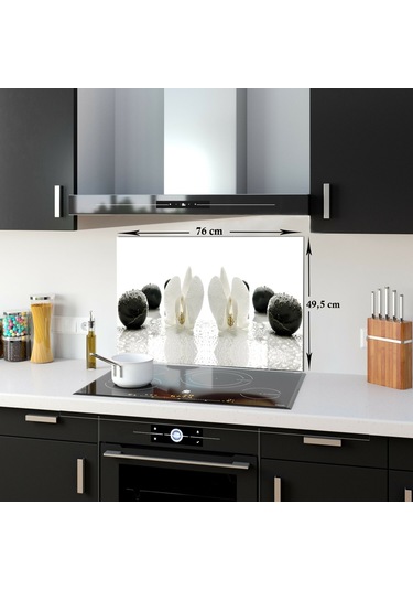 Decorıta Cam Ocak Arkası Koruyucu | Beyaz Orkide Siyah Oniks