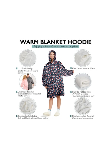 Noel Temalı Unisex Giyilebilir Battaniye Hoodie, Kalın Peluş, Kollar Ve Büyük Cep-a27 Bej