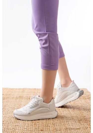 F-307 Beyaz Bağcıklı Saten Taş Aksesuarlı Günlük Spor Ayakkabı Beyaz