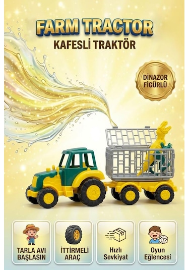 İttirmeli Çiftlik Traktörü Ve Kafesli Römork Dinozor Figürlü Eğitici Oyuncak Seti Çok Renkli